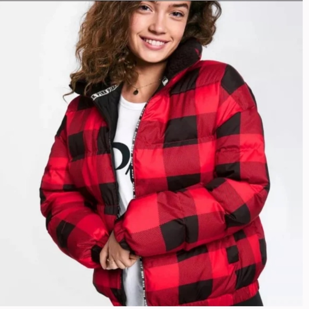 Pink Victorias Secret Sherpa Collar Puffer Jacket Buffalo Plaid Size Small
